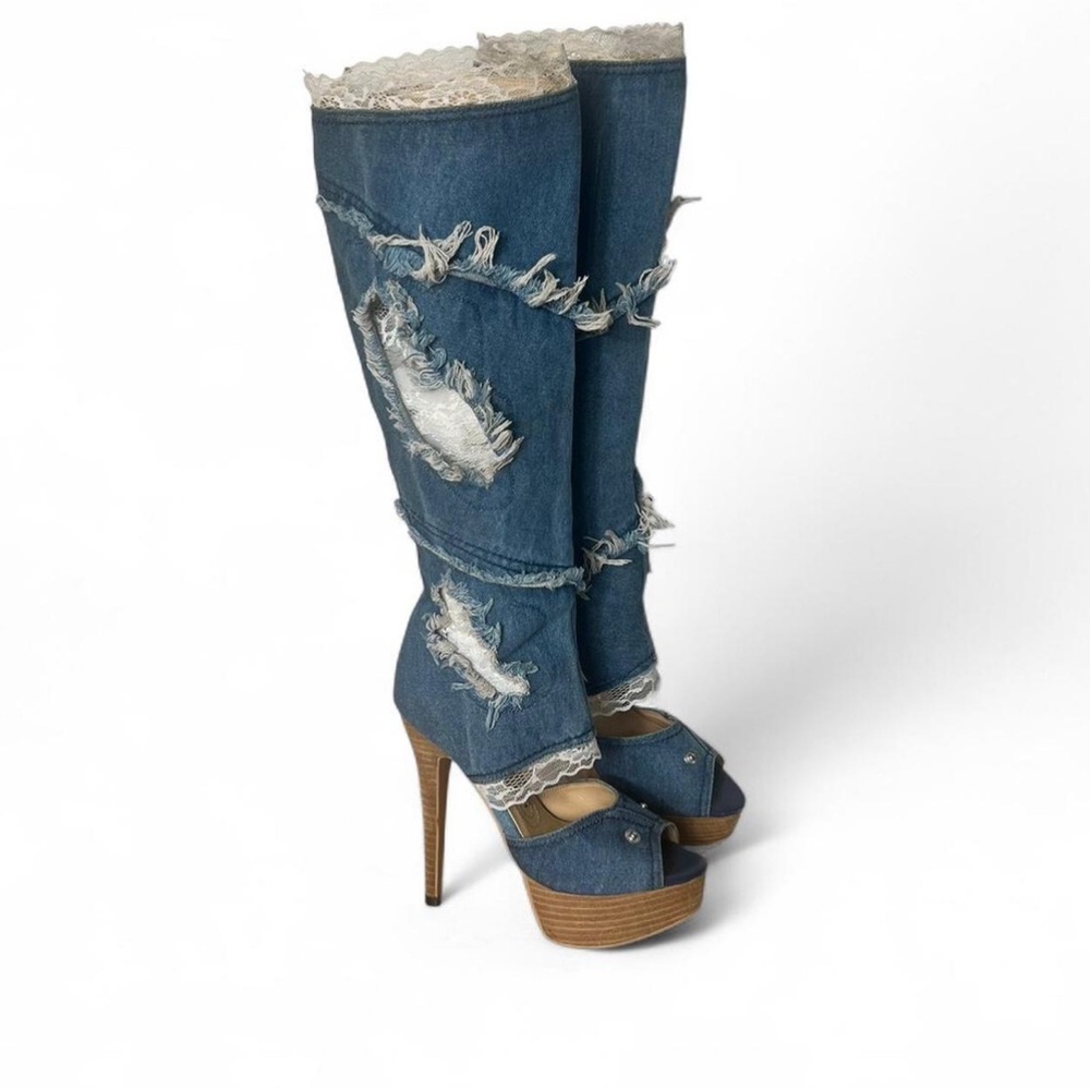 RARE gianmarco Lorenzi denim knee high distressed boots - Picture 2 of 7